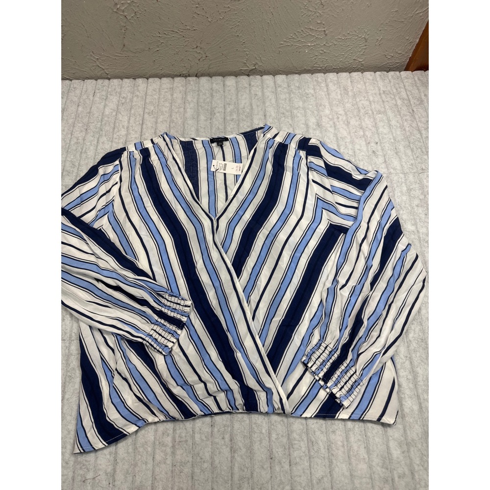 Talbots Blue White Striped Wrap Front Blouse Smocked Cuff Top Large NWT - Picture 2 of 6